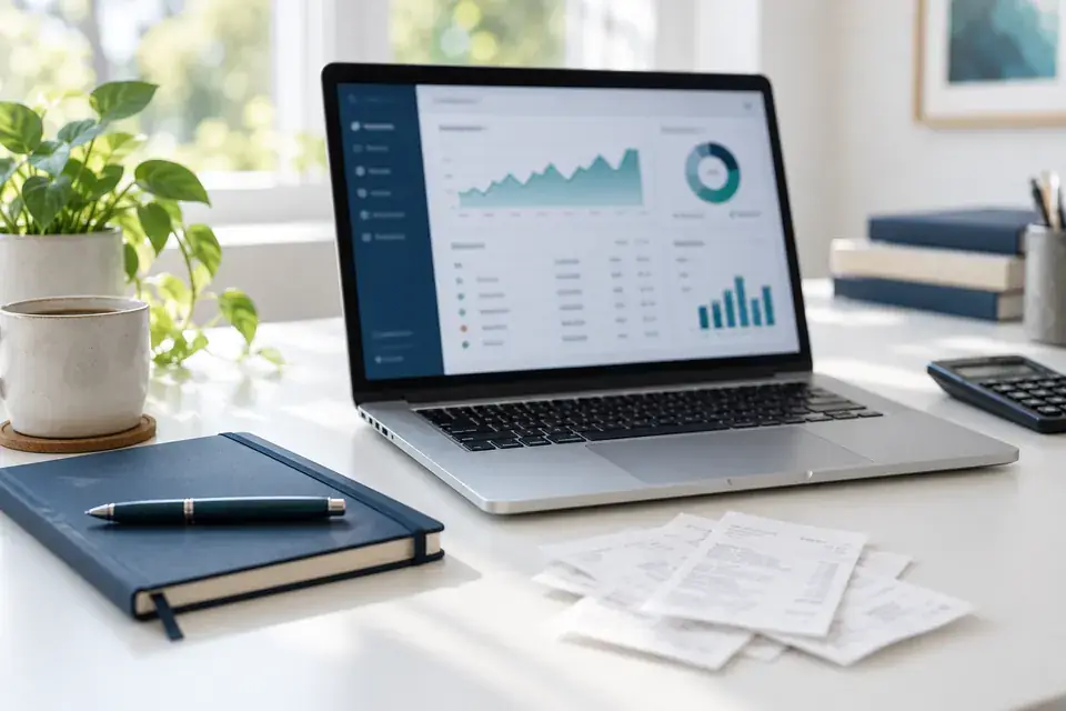 Lotus365 AI bookkeeping dashboard shown on a laptop with charts on a tidy desk