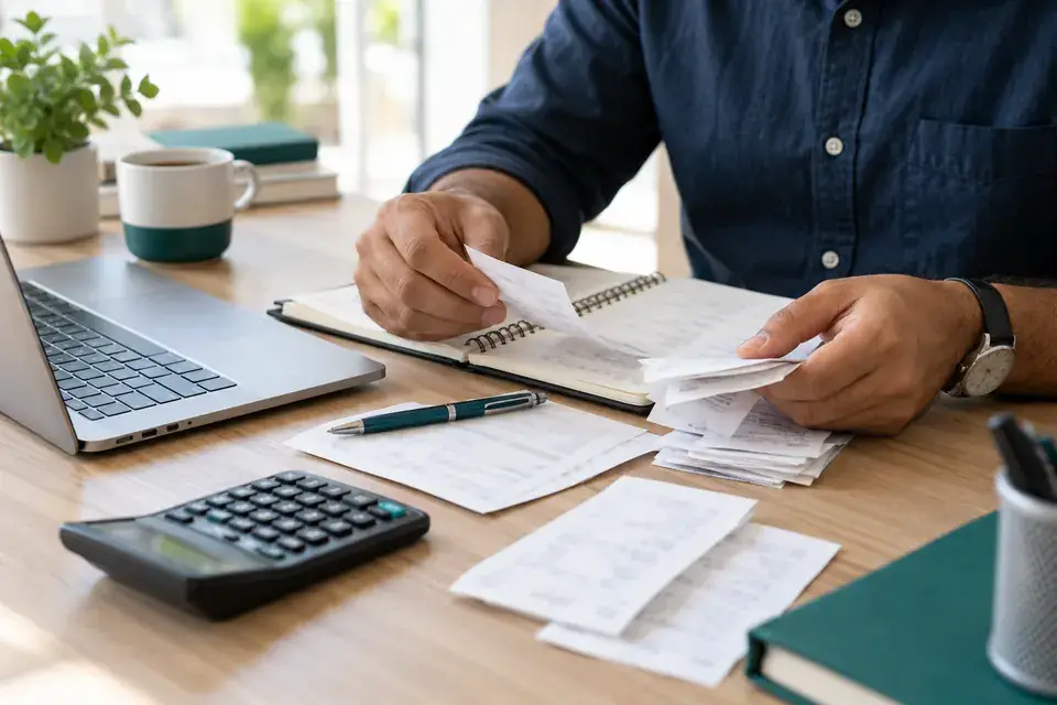 Person sorting paper receipts beside a notebook, calculator and laptop to upload to Lotus365
